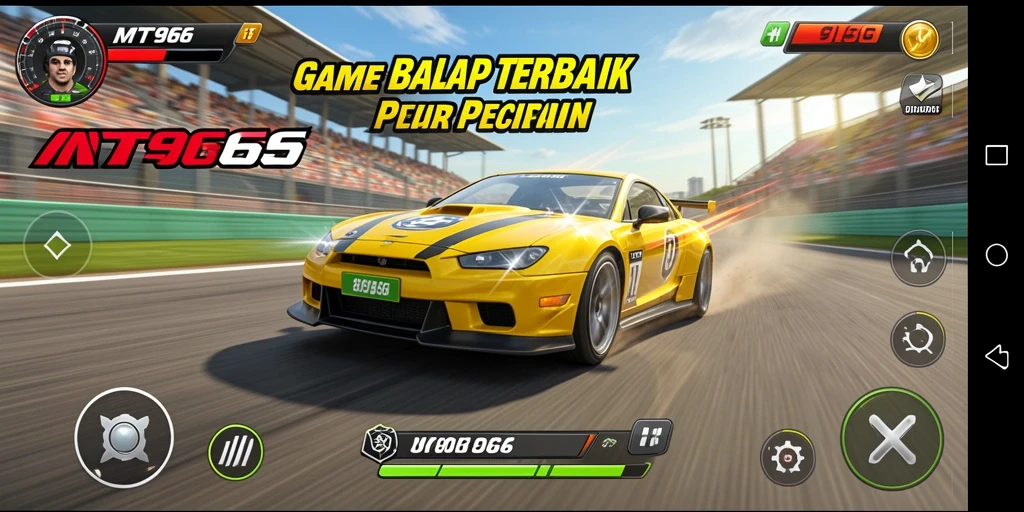 Tampilan gameplay MT966 dengan mobil balap yang melaju kencang.